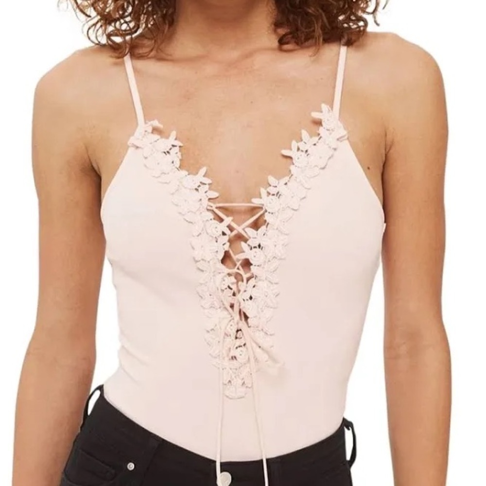 NWT Topshop Light Baby Pink Blush Front Lace Up Bodysuit